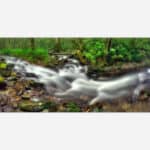 Long exposure photograph of a serene river flowing through a misty forest with moss-covered rocks.