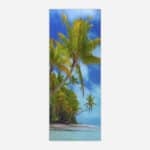 A canvas art print featuring a tropical beach scene with palm trees, clear blue sky, and calm sea waters.