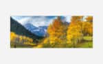 A panoramic landscape photo art of a mountain range with layers of yellow aspen trees in fall color in the foreground.