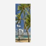 A vertical canvas art print featuring a tropical beach scene with palm trees, a hammock, and a clear view of the blue sky and ocean.
