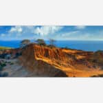 A panoramic image of a coastal landscape showing eroded sand cliffs with sparse trees, overlooking a calm blue ocean under a blue sky with fluffy clouds.