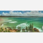 A panoramic artwork depicting a vibrant beach scene with turquoise waters, white sandy beach, waves, and green coastal vegetation.