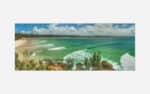 A panoramic artwork depicting a vibrant beach scene with turquoise waters, white sandy beach, waves, and green coastal vegetation.