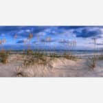 Panoramic image of a serene beach landscape with sand dunes and beach grass under a blue sky with clouds.