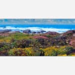 A panoramic artwork depicting a colorful wildflower field with a backdrop of rocky coastline and ocean waves under a cloudy sky.