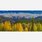 Panoramic image of mountains and autumn colored trees in a vibrant landscape