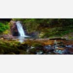 A panoramic photograph of a small serene waterfall in a lush forest setting with vibrant greens and flowing water over river rocks.