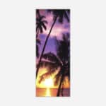 A tall vertical canvas print of a serene tropical sunset with palm tree silhouettes against a purple sky over the ocean.