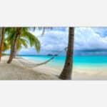 A panoramic artwork of a tranquil beach scene with a hammock tied between two palm trees, turquoise ocean water, white sand, and a cloudy sky.