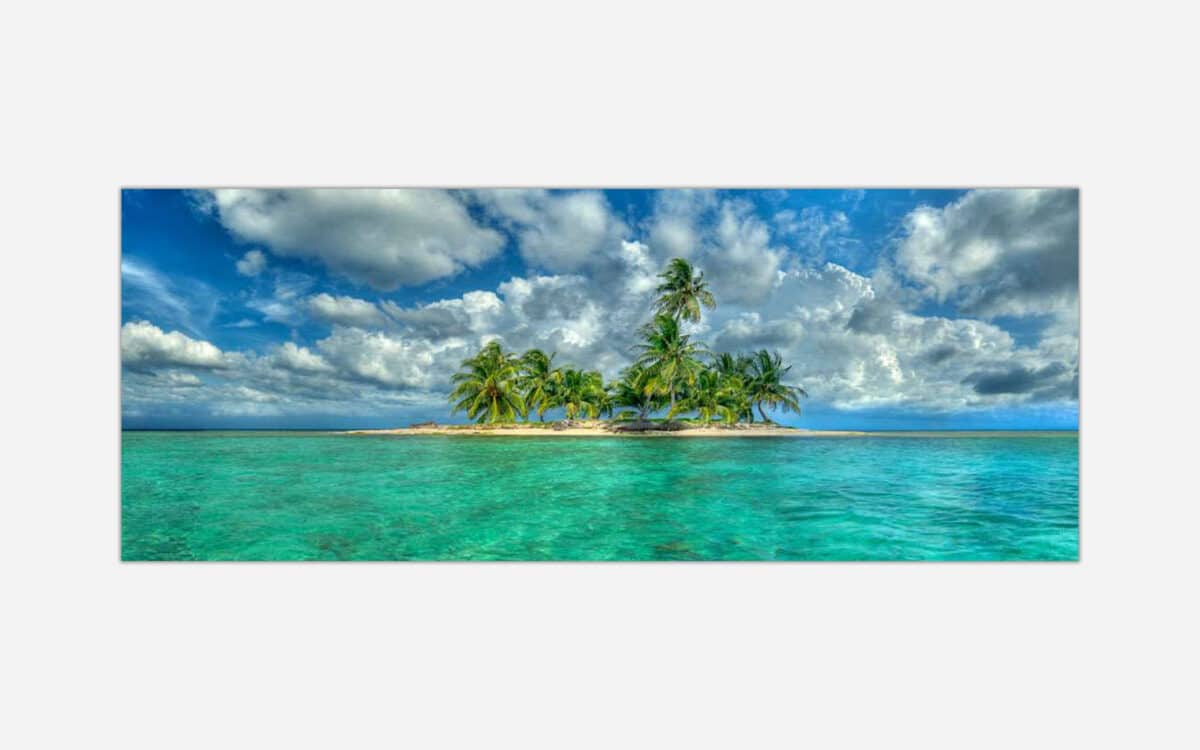 A panoramic art print of a serene tropical island with palm trees and a clear turquoise ocean under a partly cloudy sky.