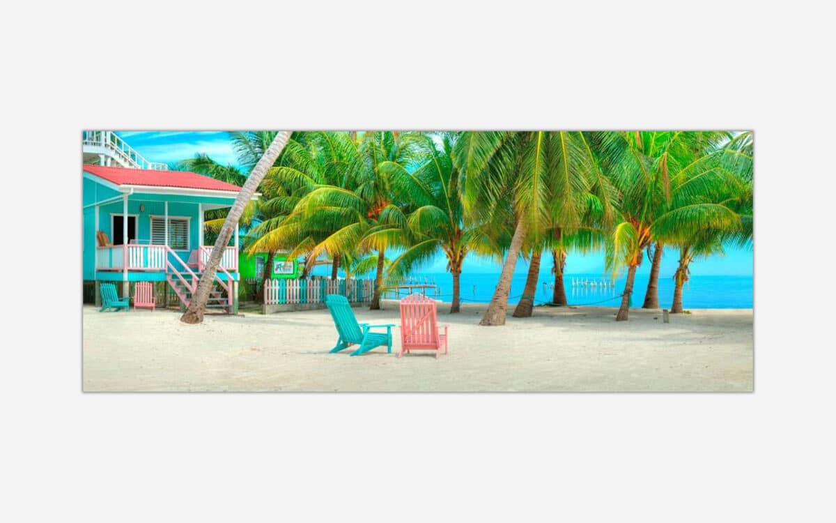 A colorful painting of a tropical beach scene with a vibrant turquoise beach house, palm trees, beach chairs, and a serene ocean view.