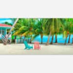 A colorful painting of a tropical beach scene with a vibrant turquoise beach house, palm trees, beach chairs, and a serene ocean view.