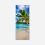 A vibrant vertical art piece featuring a lush palm tree leaning over a crystal clear turquoise beach with white sand and a serene blue sky with fluffy clouds.