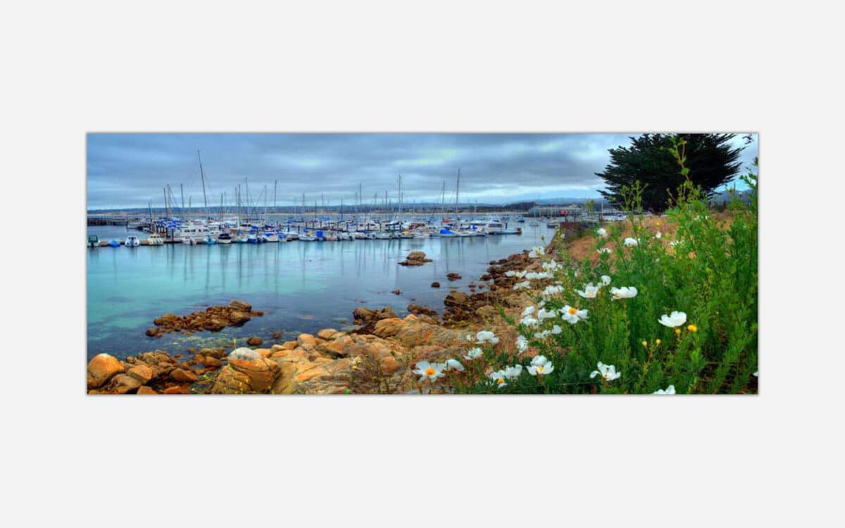 An artwork of a marina with boats docked in calm blue waters, featuring coastal flowers in the foreground and a cloudy sky above.