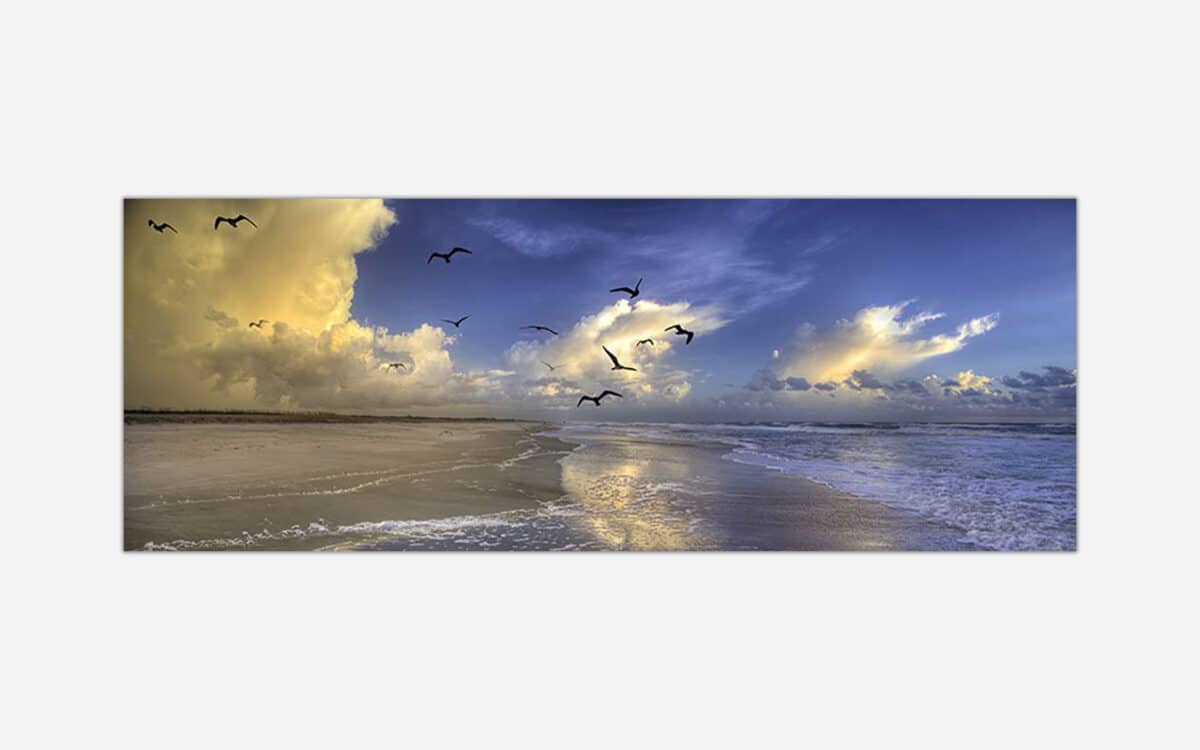 A panoramic photograph of a tranquil beach scene with flying birds, waves lapping on the shore, and a colorful sunset in the background.