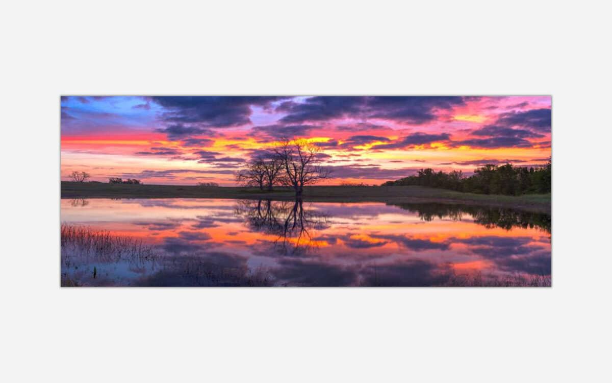 A vibrant sunset painting depicting a serene lake with a beautiful reflection of trees and a vividly colorful sky at twilight.
