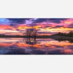 A vibrant sunset painting depicting a serene lake with a beautiful reflection of trees and a vividly colorful sky at twilight.