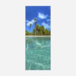 A panoramic art print featuring a pristine tropical beach with clear turquoise waters, lush palm trees, and a sunny blue sky.
