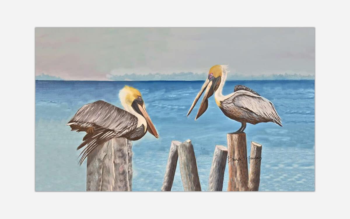 A painting of two pelicans perched on wooden posts with a calm blue ocean in the background.