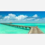 A landscape painting depicting a wooden pier extending into a tranquil turquoise ocean under a blue sky with fluffy clouds.