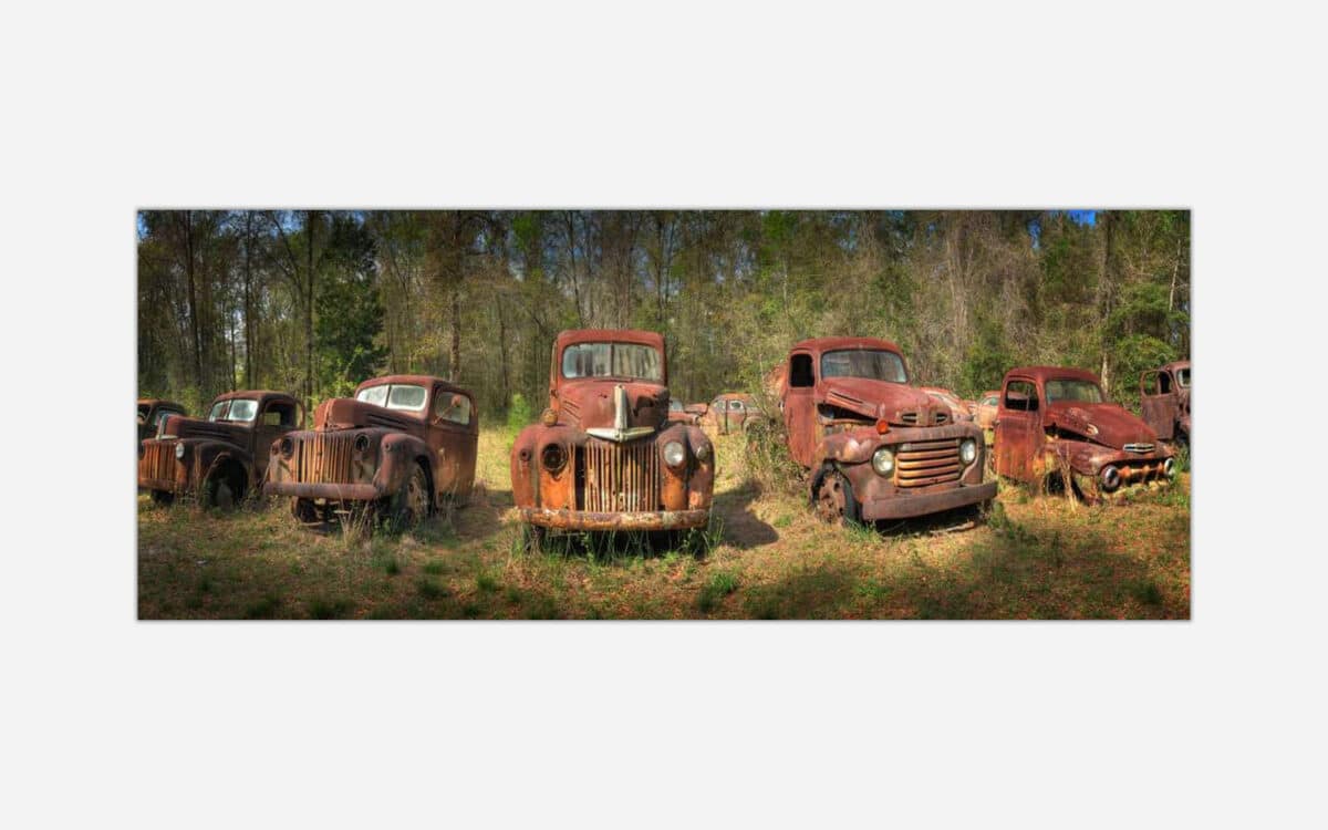 Panoramic photograph of a collection of old, rusty vintage trucks abandoned in a forest clearing.