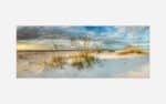 A panoramic artwork of a serene beach scene with sand dunes, beach grass, a calm sea in the distance, and a cloudy sky in warm tones.