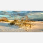 A panoramic photograph of a serene beach scene with sand dunes and coastal grass under a sunset sky.