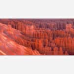A panoramic photograph of the reddish-orange hoodoos and rock formations of Bryce Canyon National Park at sunset.