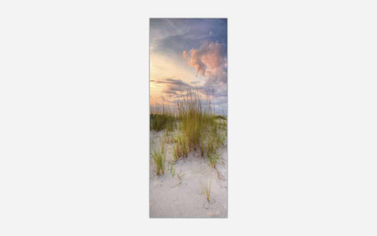 Image of a serene beach landscape at sunset with dune grass in the foreground and a colorful sky with clouds in the background.