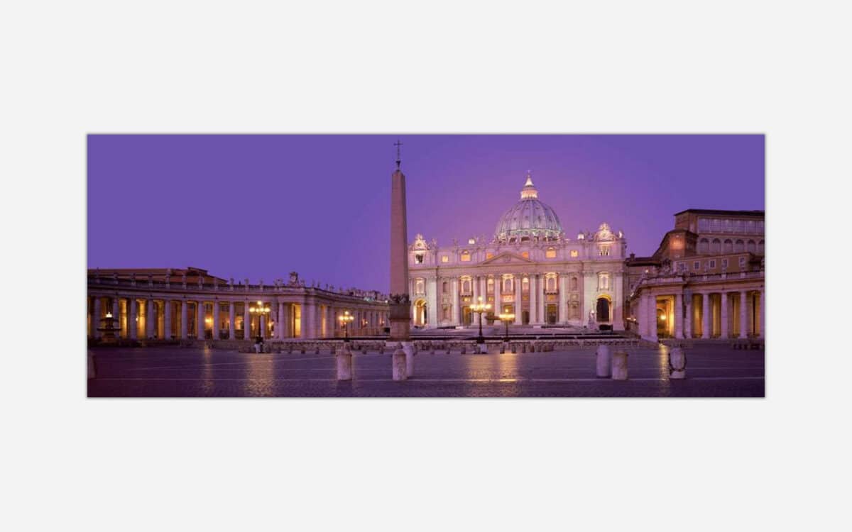 A painting of St. Peter's Basilica in Vatican City during twilight with a purple sky.