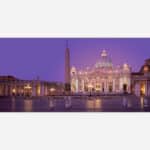 A painting of St. Peter's Basilica in Vatican City during twilight with a purple sky.