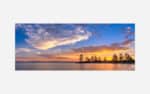 A panoramic photograph of a sunset with golden and orange hues in the sky, silhouetted trees against a calm lake with dramatic clouds above.