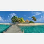 A vibrant art piece depicting a wooden pier leading to a small tropical island with palm trees, a thatched hut, and a clear turquoise ocean under a blue sky with fluffy clouds.